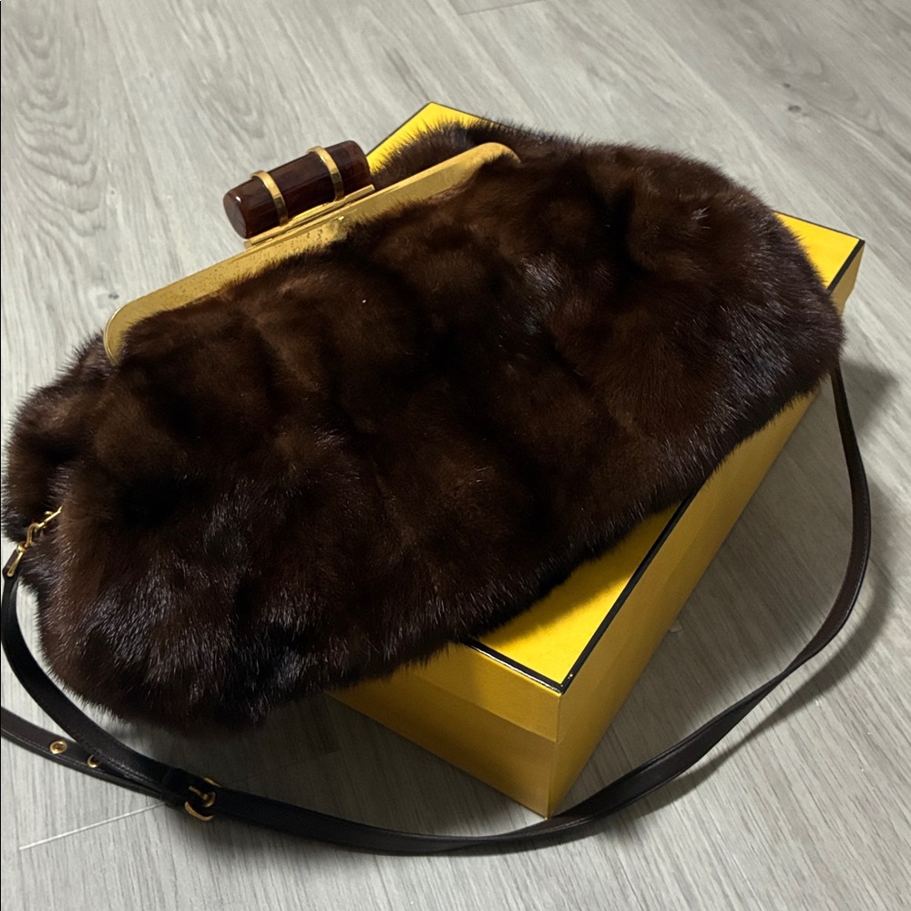 Miu Miu Brown Mink Fur Oversized Clutch with Gold Handle Accent & Brown Strap - Picture 13 of 14